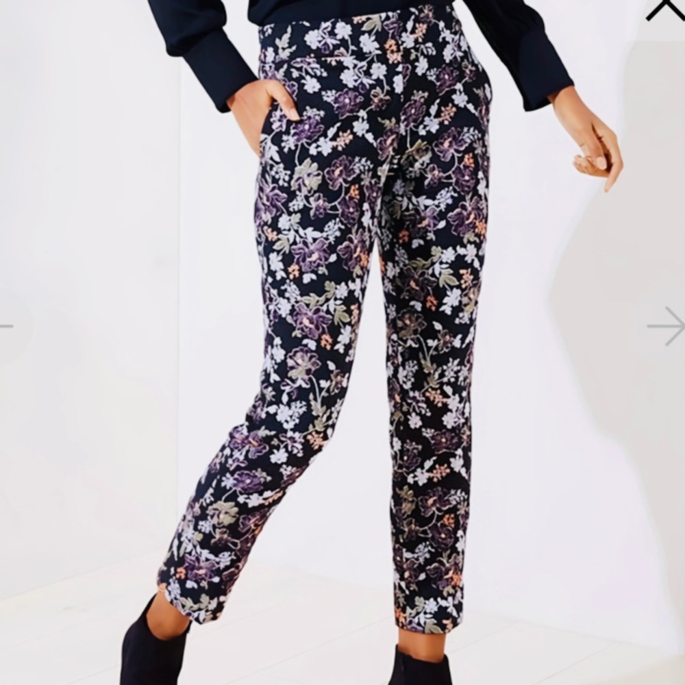 NWT Loft Marisa Embroidered Pants Slim Black Multi Color Embroidered Flowers 4😍